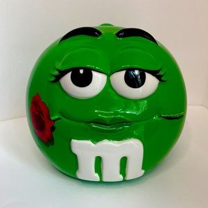 M&M Green Cookie Jar with Rose stem long eyelashes m&m Candy Canister Ceramic